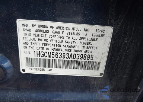 2003 Honda Accord 2.4 Lx из США, поврежденный, VIN 1HGCM56393A039895